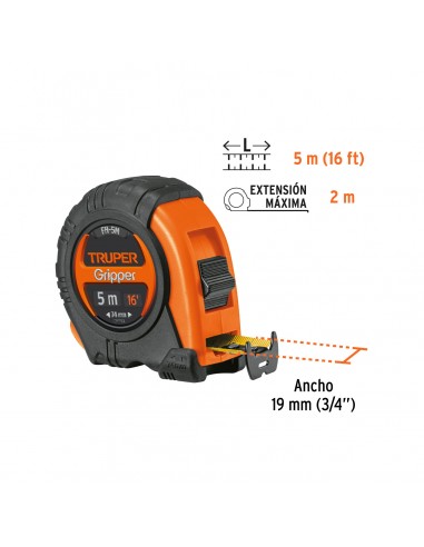 Flexómetro Truper Gripper 5 m Resistente a Impactos TRUPER