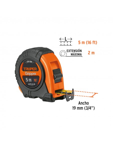 Flexómetro Truper Gripper 5 m Resistente a Impactos TRUPER