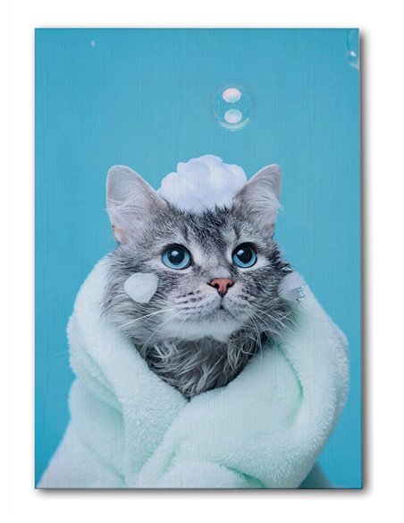 Cuadro gato baño y espuma tierno 50x35cm lienzografía canvas
