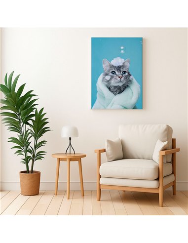 Cuadro gato baño y espuma tierno 50x35cm lienzografía canvas