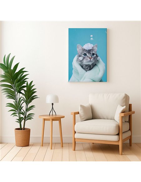 Cuadro gato baño y espuma tierno 50x35cm lienzografía canvas