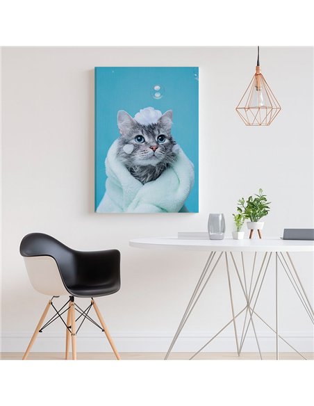 Cuadro gato baño y espuma tierno 50x35cm lienzografía canvas
