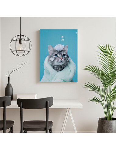 Cuadro gato baño y espuma tierno 50x35cm lienzografía canvas