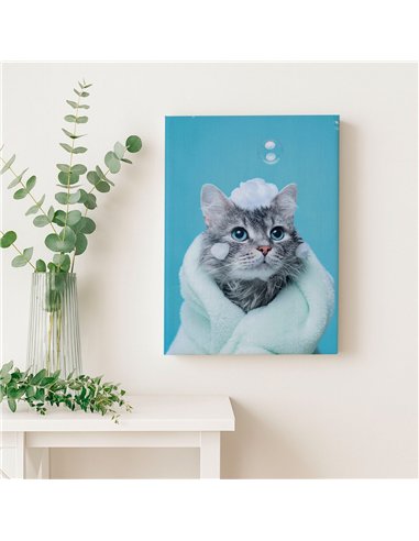 Cuadro gato baño y espuma tierno 50x35cm lienzografía canvas