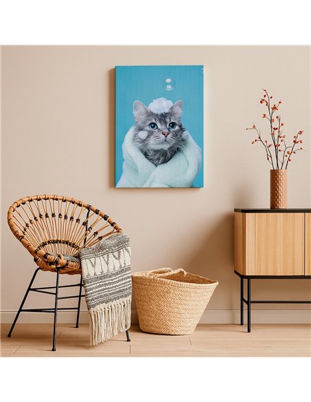Cuadro gato baño y espuma tierno 50x35cm lienzografía canvas