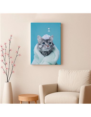 Cuadro gato baño y espuma tierno 50x35cm lienzografía canvas